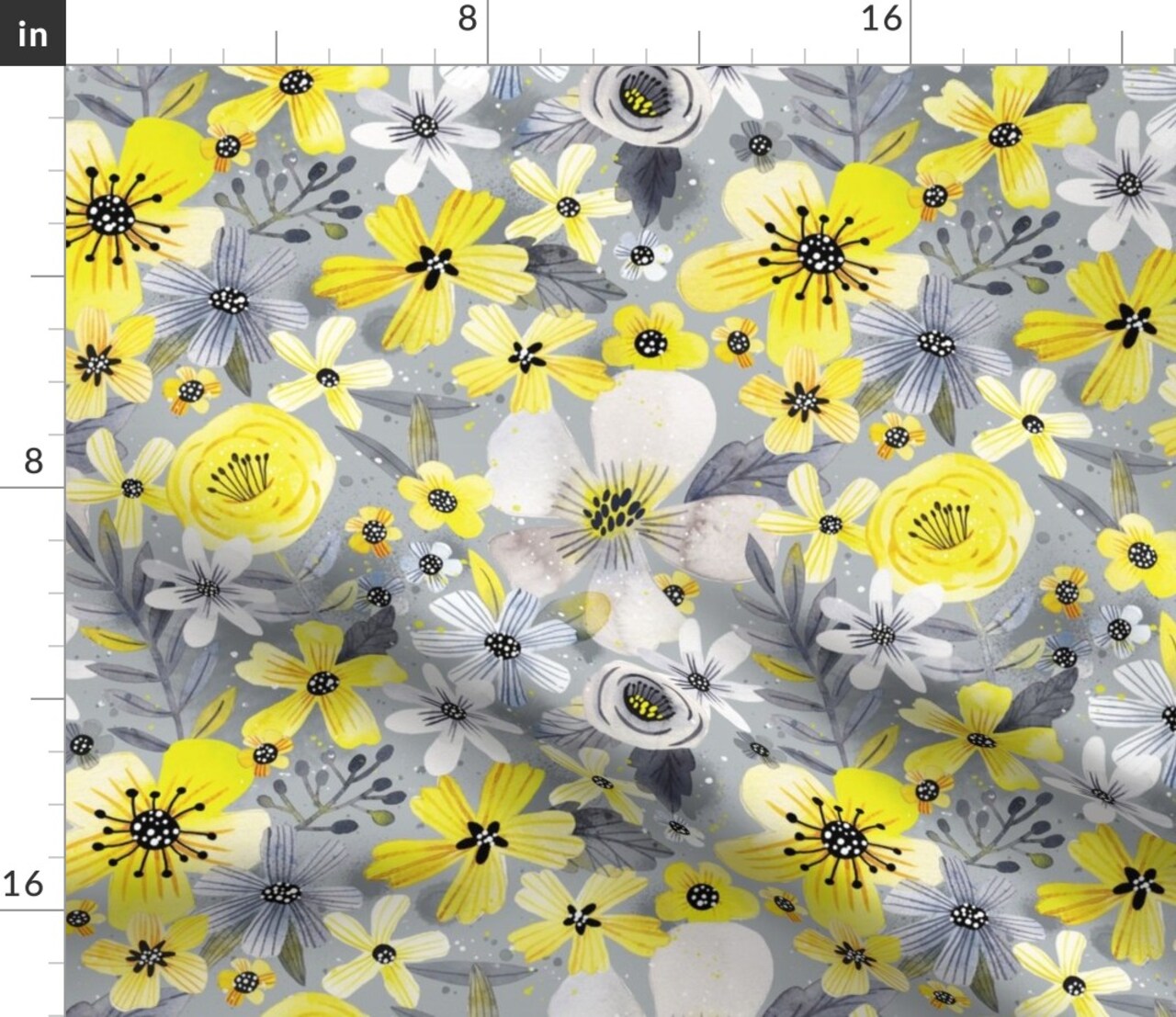 Blooms Yellow Flowers Floral Grey Gray Rose Custom Printed Fabric by Spoonflower Various Fabrics by the Yard or Fat Quarter